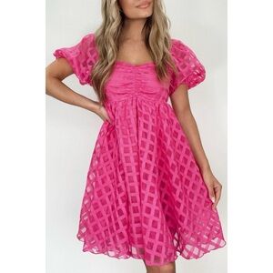 Strawberry Pink Checkered Puff Sleeve Babydoll Dress